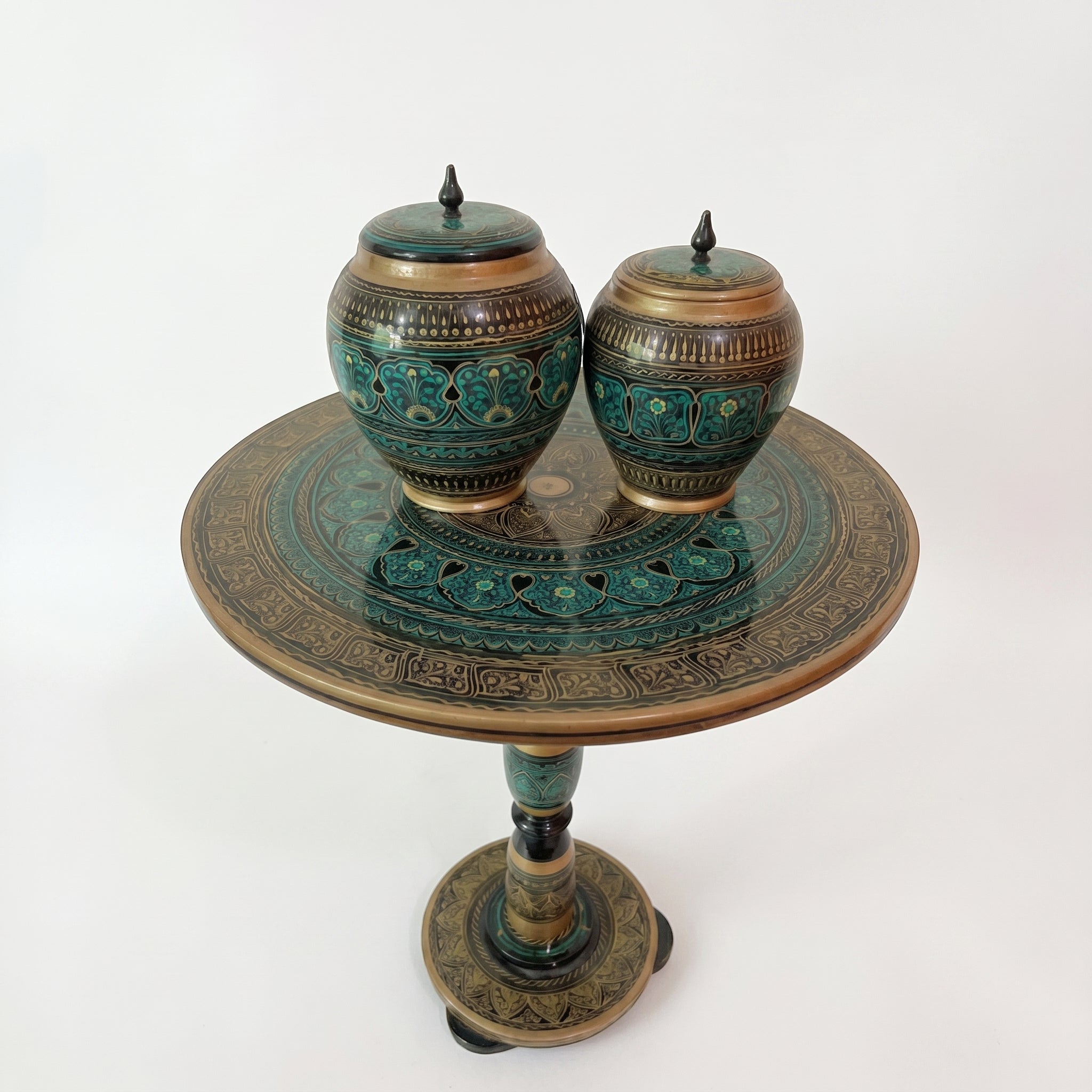 Handcrafted Naqshi Art Accent Table – Decorative Pakistani Wooden Side Table with Two  Jars ( Green table )