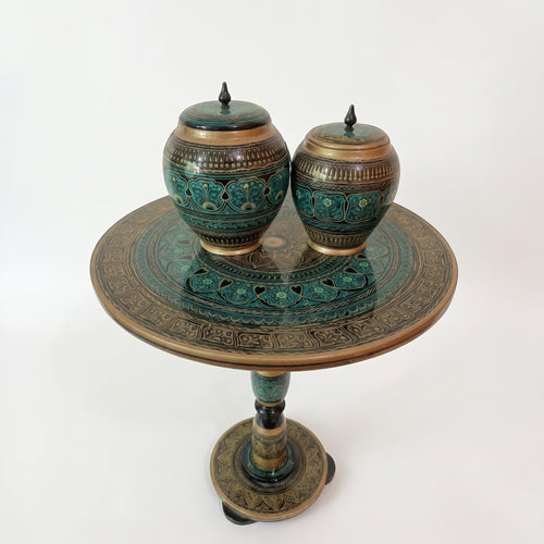 Handcrafted Naqshi Art Accent Table – Decorative Pakistani Wooden Side Table with Two  Jars ( Green table )
