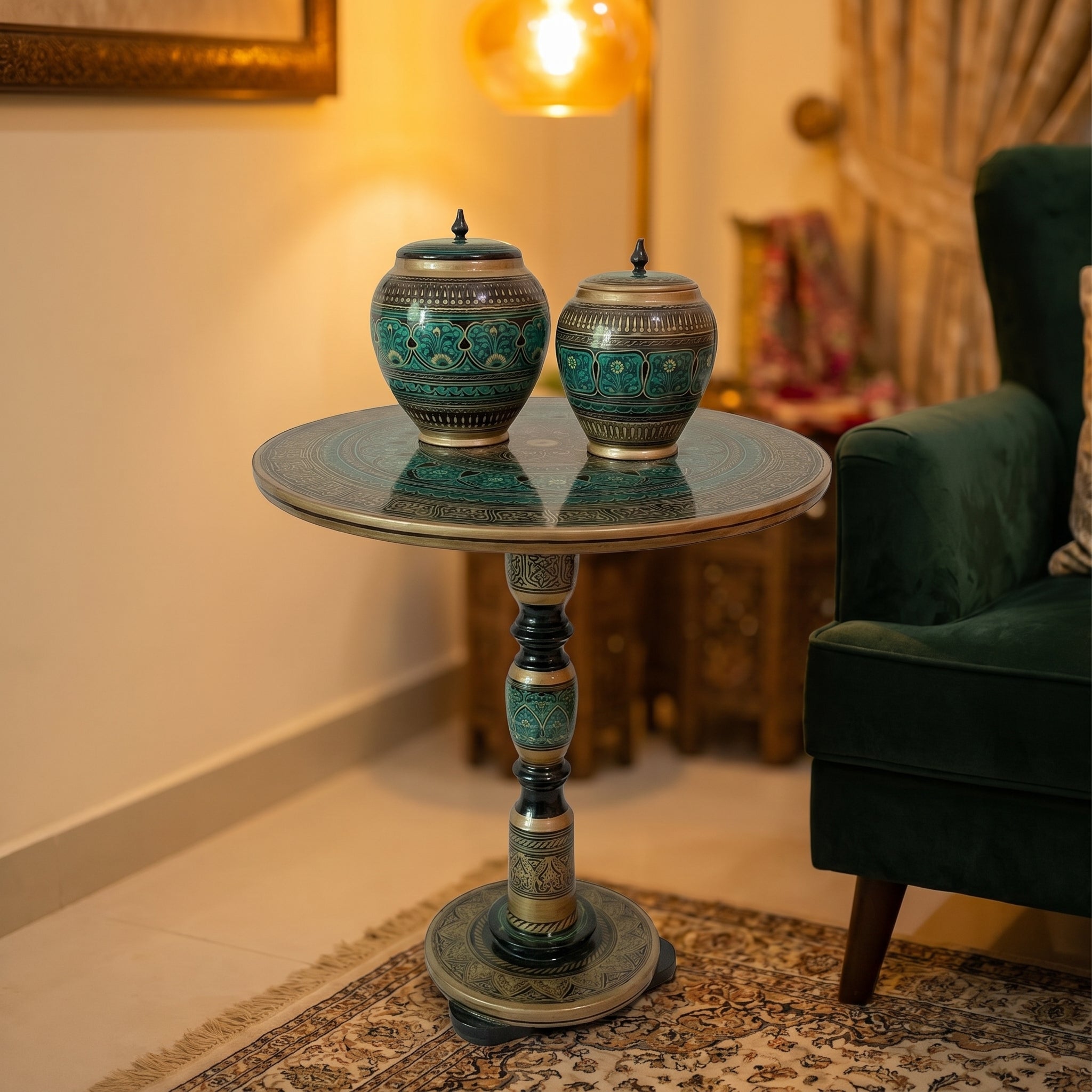 Handcrafted Naqshi Art Accent Table – Decorative Pakistani Wooden Side Table with Two  Jars ( Green table )