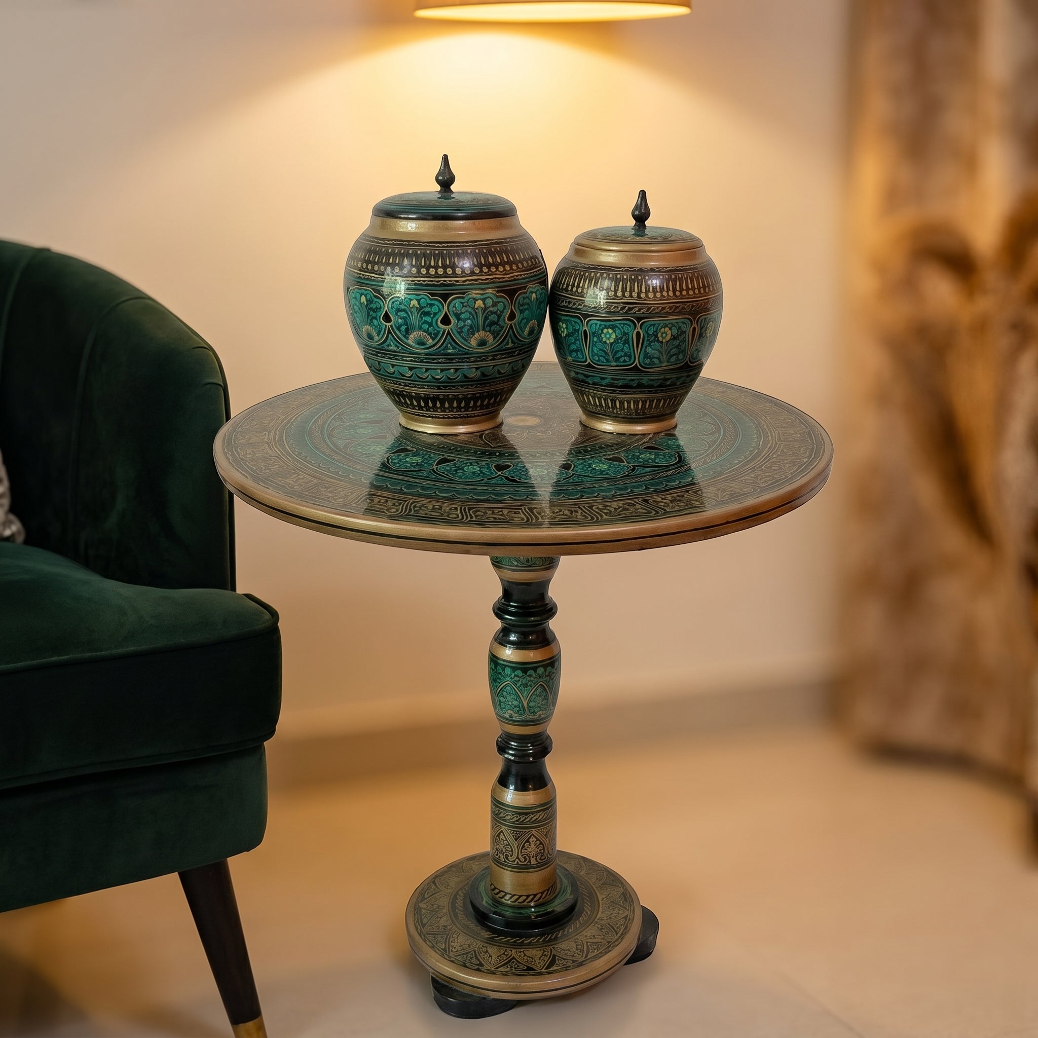 Handcrafted Naqshi Art Accent Table – Decorative Pakistani Wooden Side Table with Two  Jars ( Green table )