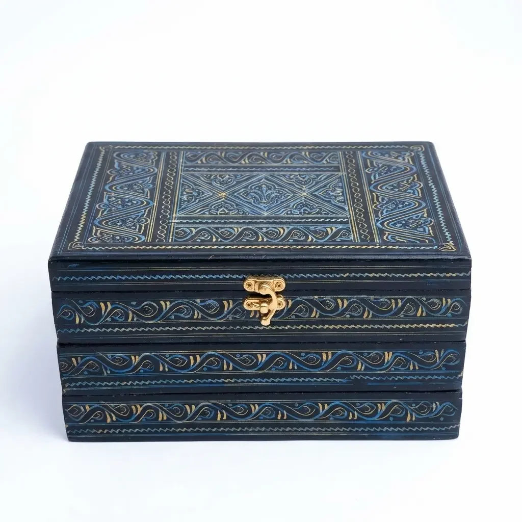Handcrafted Naqshi Art Jewellery Box —  3 Tier Accordion Storage with Red Velvet  Interior