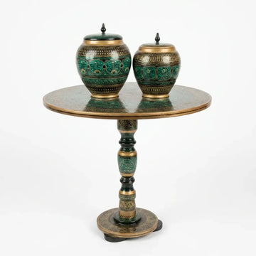 Handcrafted Naqshi Art Accent Table – Decorative Pakistani Wooden Side Table with Two  Jars ( Green table )