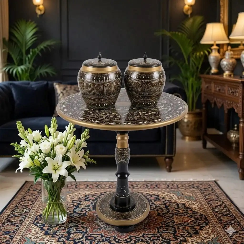 Handcrafted Naqshi Art Accent Table – Decorative Pakistani Wooden Side Table with Two Jars ( Red Table)