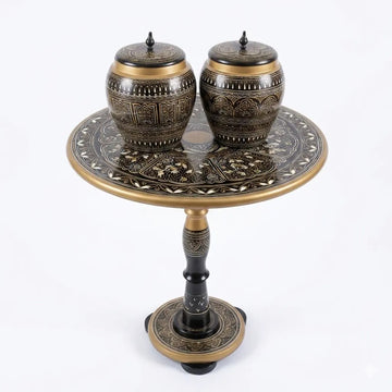 Handcrafted Naqshi Art Accent Table – Decorative Pakistani Wooden Side Table with Two Jars ( Red Table)