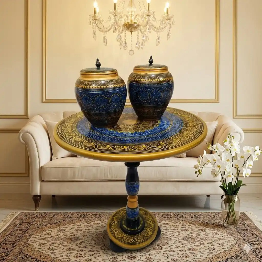 Handcrafted Naqshi Art Accent Table – Decorative Pakistani Wooden Side Table with Two  Jars ( Green table )