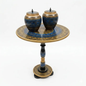 Handcrafted Naqshi Art Accent Table – Decorative Pakistani Wooden Side Table with Two  Jars ( Green table )