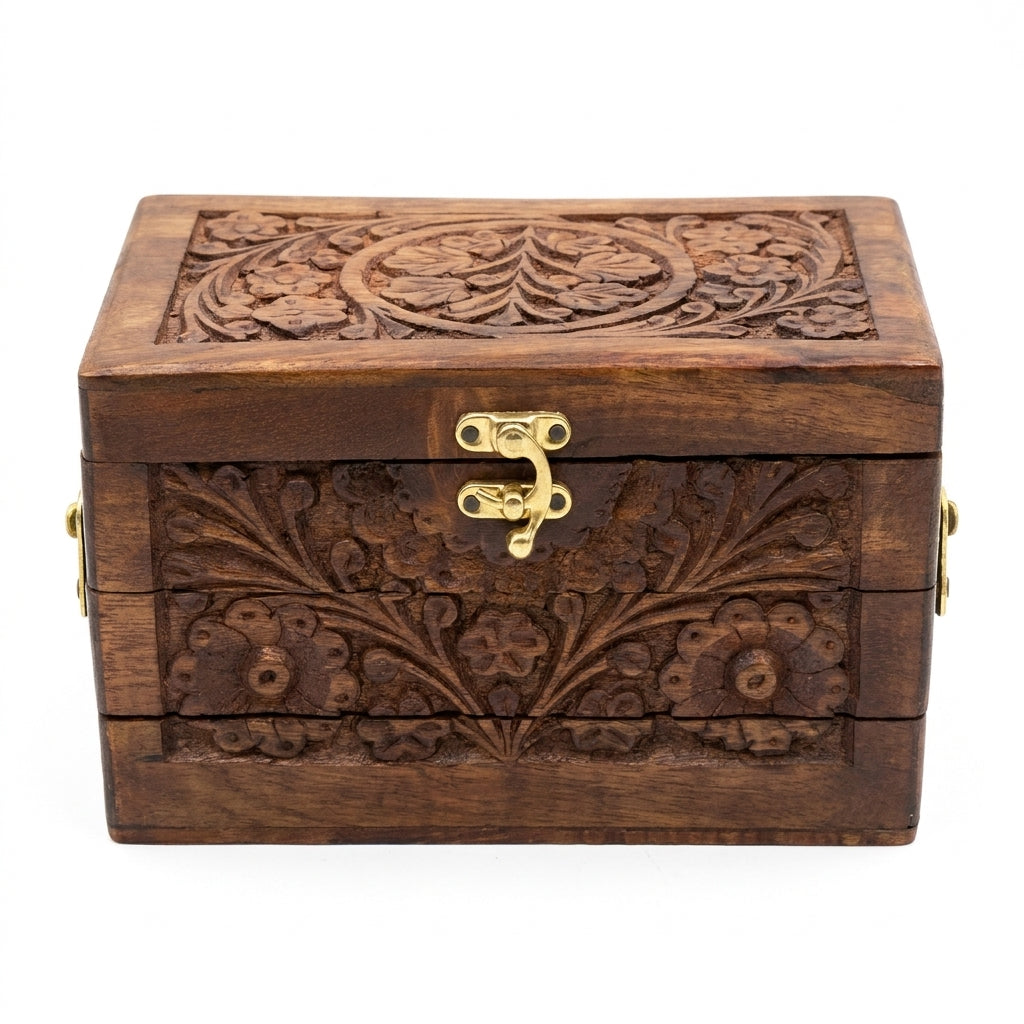 Hand-Carved Pakistani Wooden Jewellery Box with Red Velvet Interior