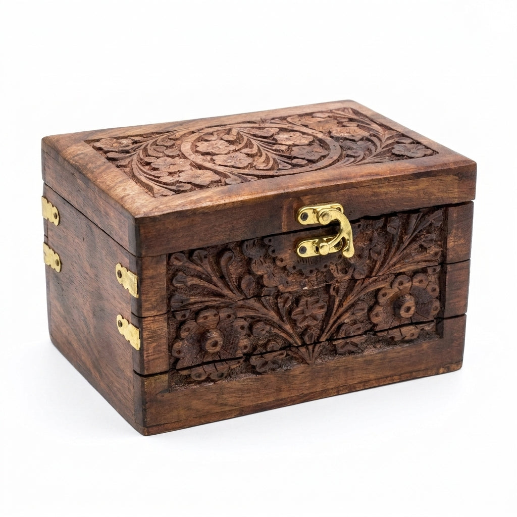 Hand-Carved Pakistani Wooden Jewellery Box with Red Velvet Interior