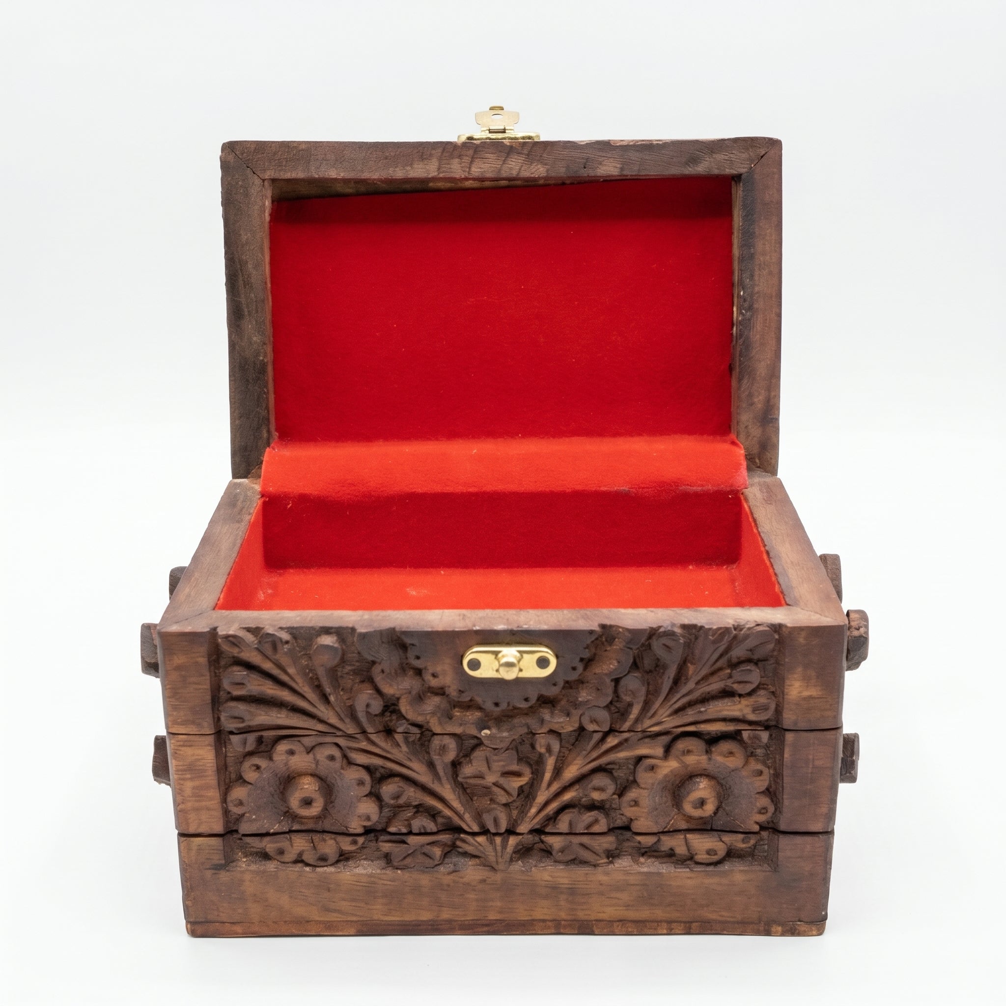 Hand-Carved Pakistani Wooden Jewellery Box with Red Velvet Interior