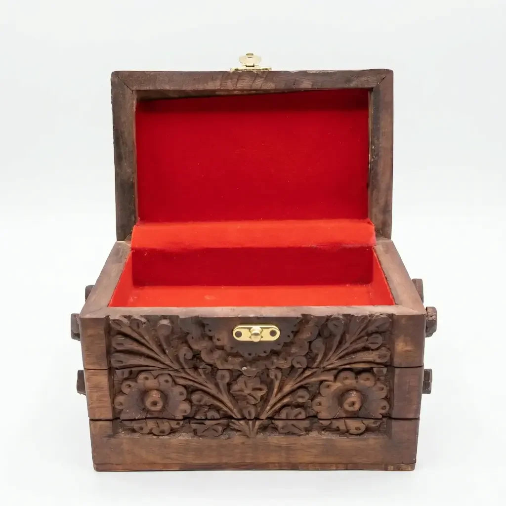 Hand-Carved Pakistani Wooden 3 tier Jewellery Box with Red Velvet Interior