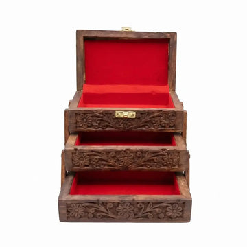 Hand-Carved Pakistani Wooden 3 tier Jewellery Box with Red Velvet Interior