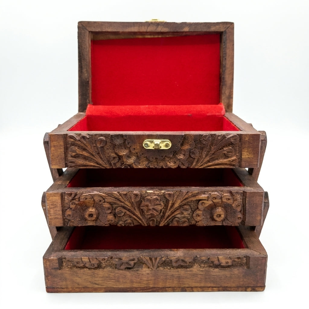 Hand-Carved Pakistani Wooden Jewellery Box with Red Velvet Interior