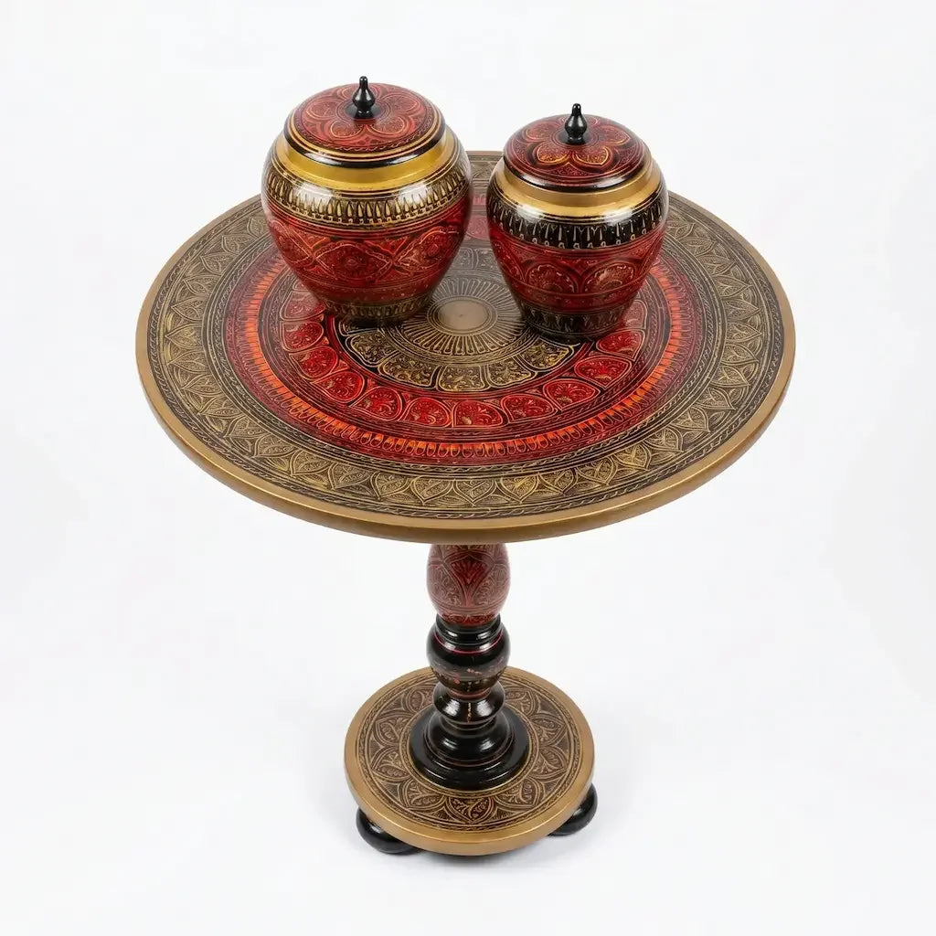 Handcrafted Naqshi Art Accent Table – Decorative Pakistani Wooden Side Table with Two Jars ( Red Table)