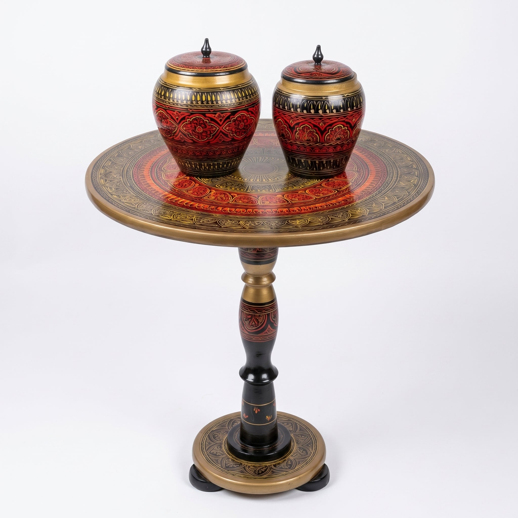 Handcrafted Naqshi Art Accent Table – Decorative Pakistani Wooden Side Table with Two Jars
