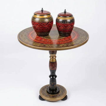 Handcrafted Naqshi Art Accent Table – Decorative Pakistani Wooden Side Table with Two Jars ( Red Table)