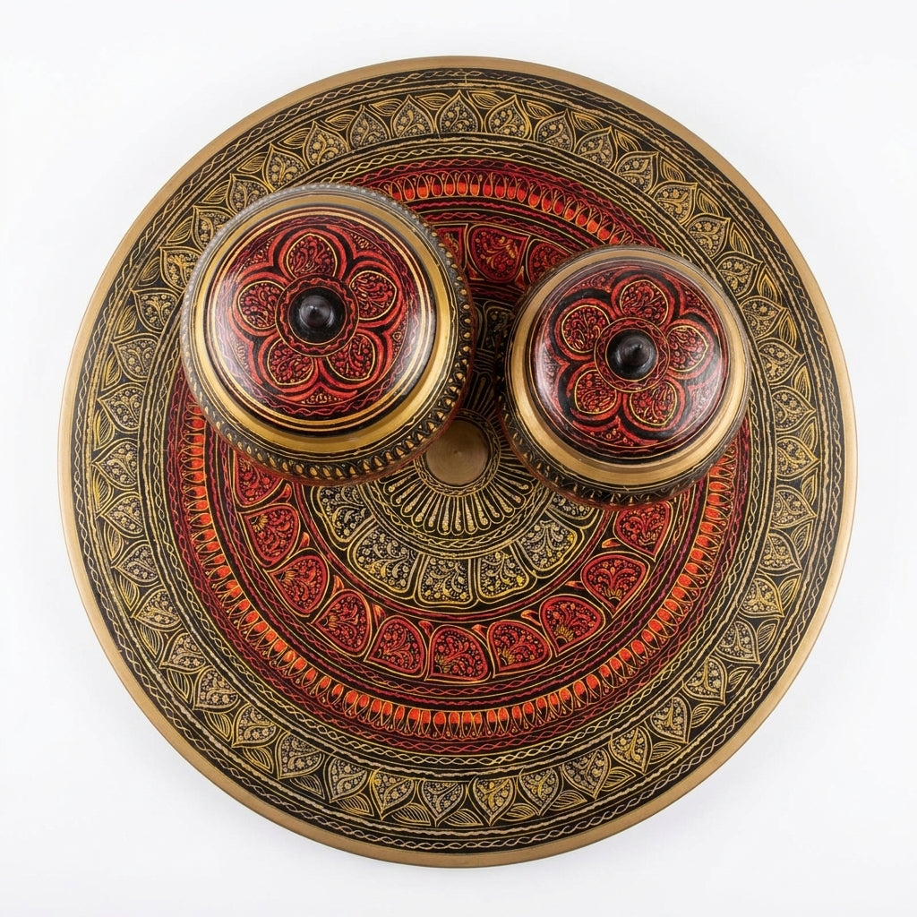 Handcrafted Naqshi Art Accent Table – Decorative Pakistani Wooden Side Table with Two Jars