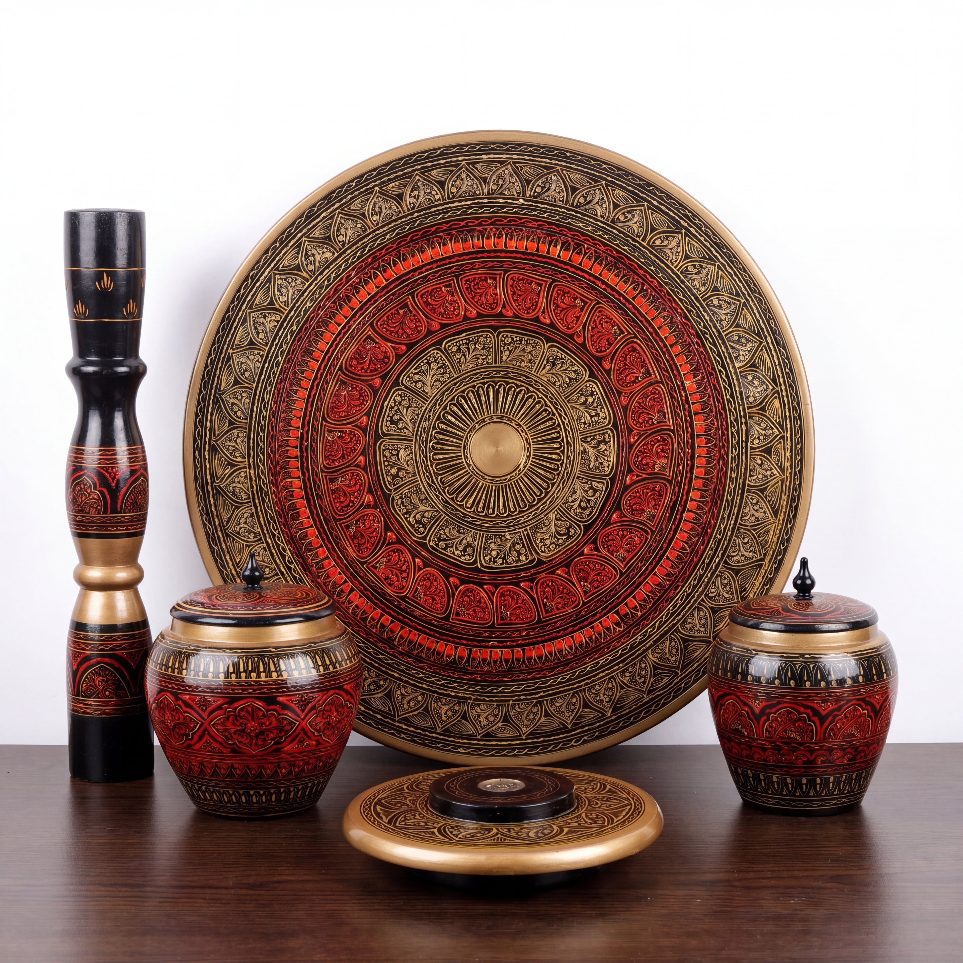 Handcrafted Naqshi Art Accent Table – Decorative Pakistani Wooden Side Table with Two Jars
