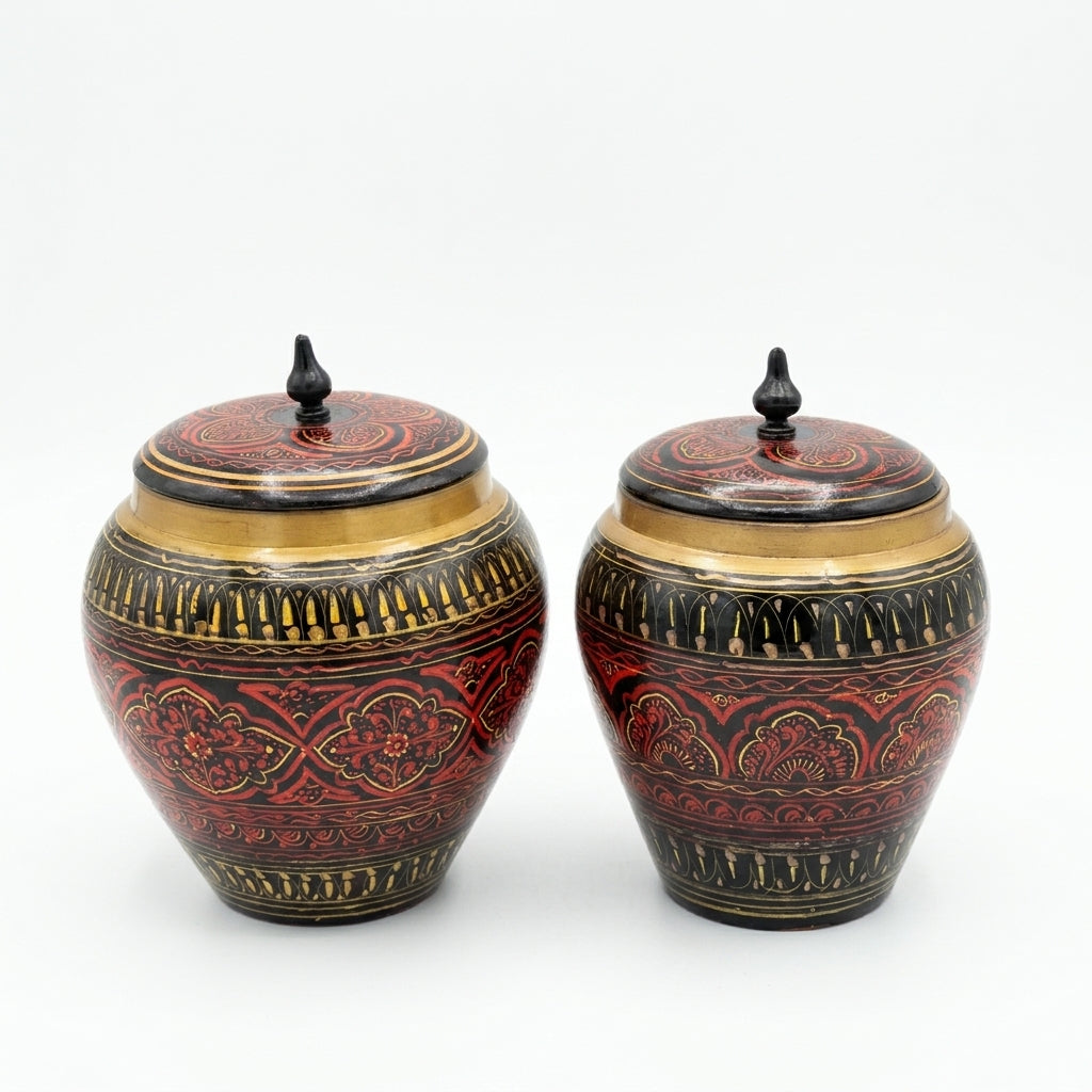 Handcrafted Naqshi Art Accent Table – Decorative Pakistani Wooden Side Table with Two Jars