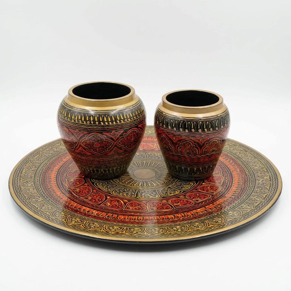 Handcrafted Naqshi Art Accent Table – Decorative Pakistani Wooden Side Table with Two Jars ( Red Table)