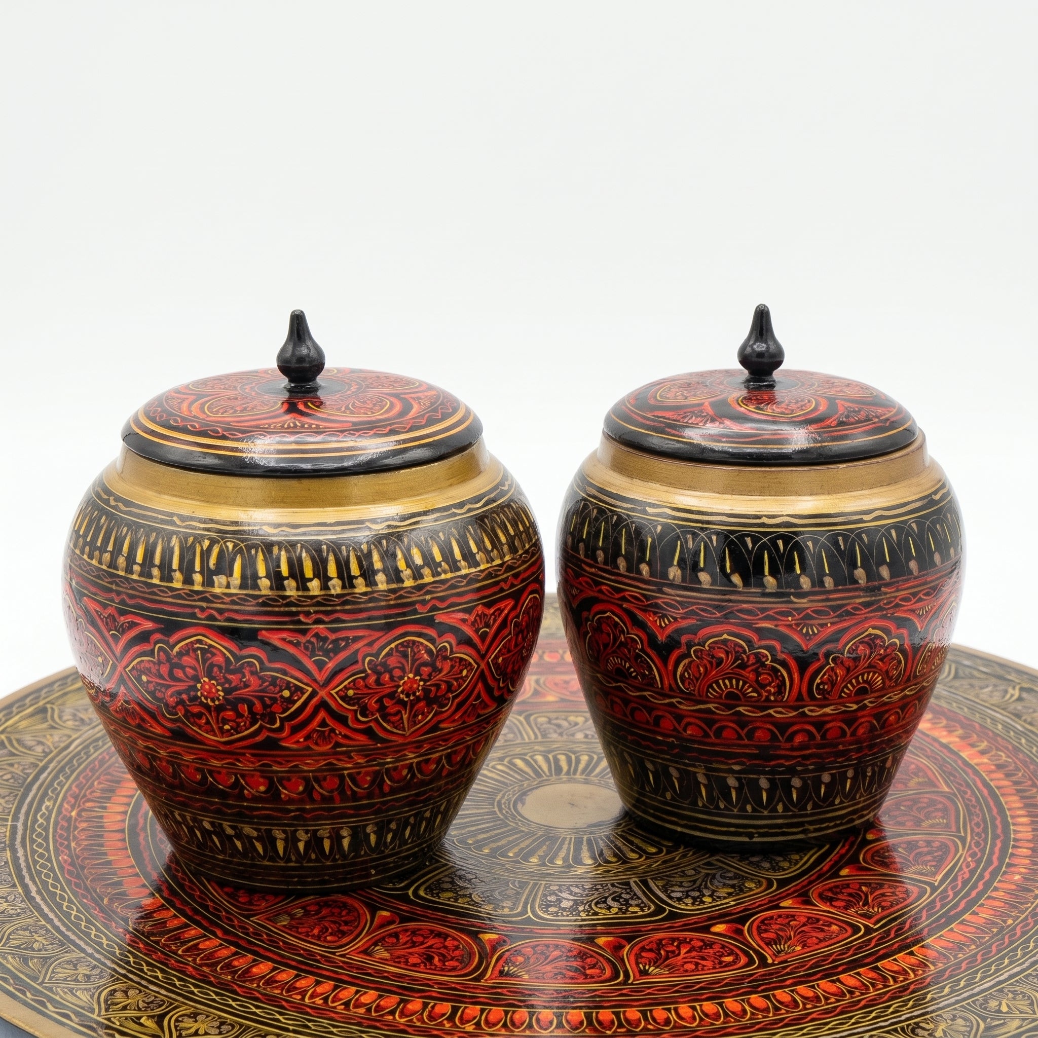 Handcrafted Naqshi Art Accent Table – Decorative Pakistani Wooden Side Table with Two Jars
